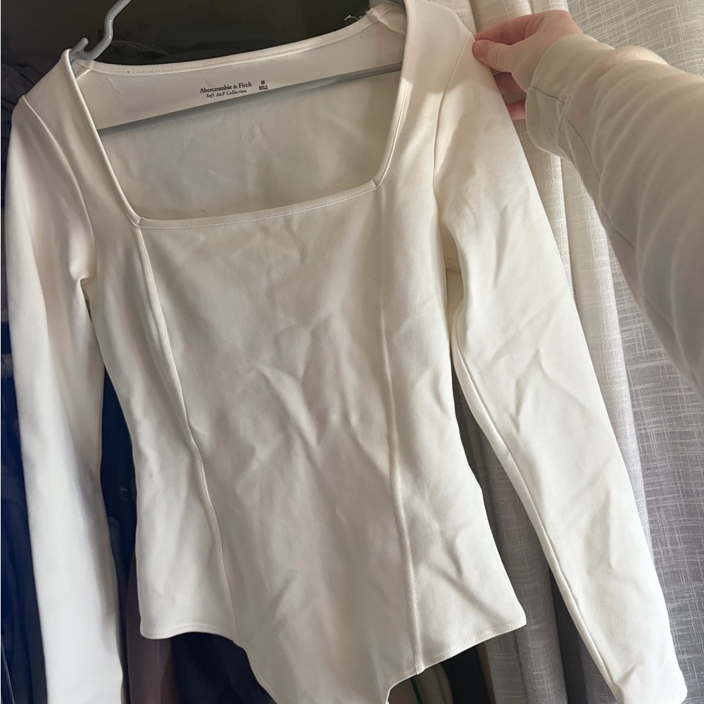 Abercrombie & Fitch Long-Sleeve Square Neck Top in Off-White